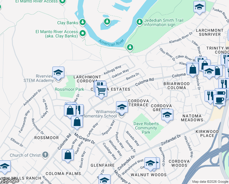 map of restaurants, bars, coffee shops, grocery stores, and more near 2005 Benita Drive in Rancho Cordova