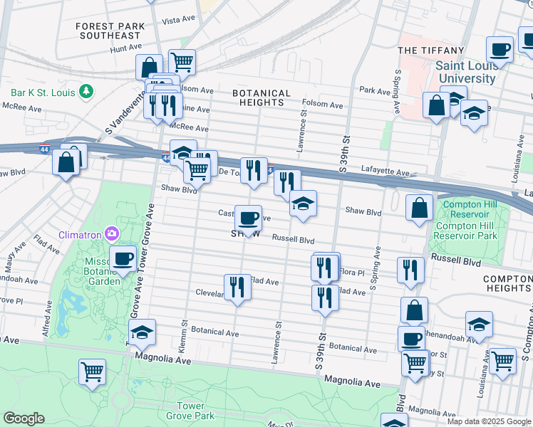 map of restaurants, bars, coffee shops, grocery stores, and more near 4029 Shaw Boulevard in St. Louis