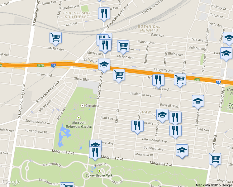 map of restaurants, bars, coffee shops, grocery stores, and more near 4178 Shaw Boulevard in St. Louis