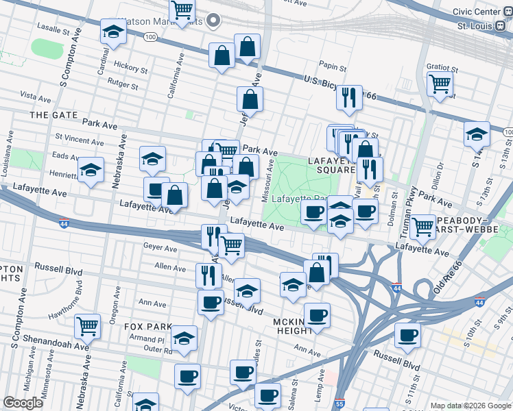 map of restaurants, bars, coffee shops, grocery stores, and more near 2317 Whittemore Place in St. Louis