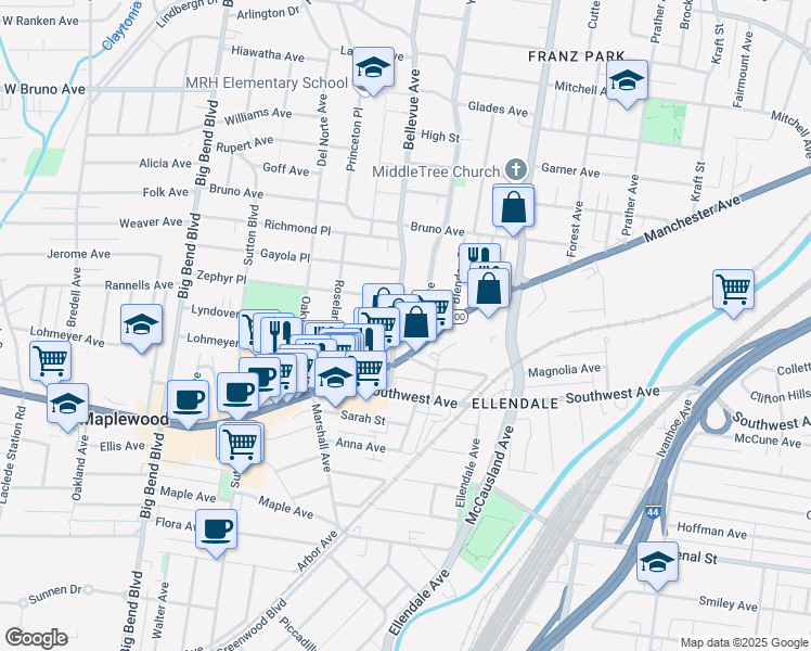 map of restaurants, bars, coffee shops, grocery stores, and more near 7169 Lyndover Place in Maplewood