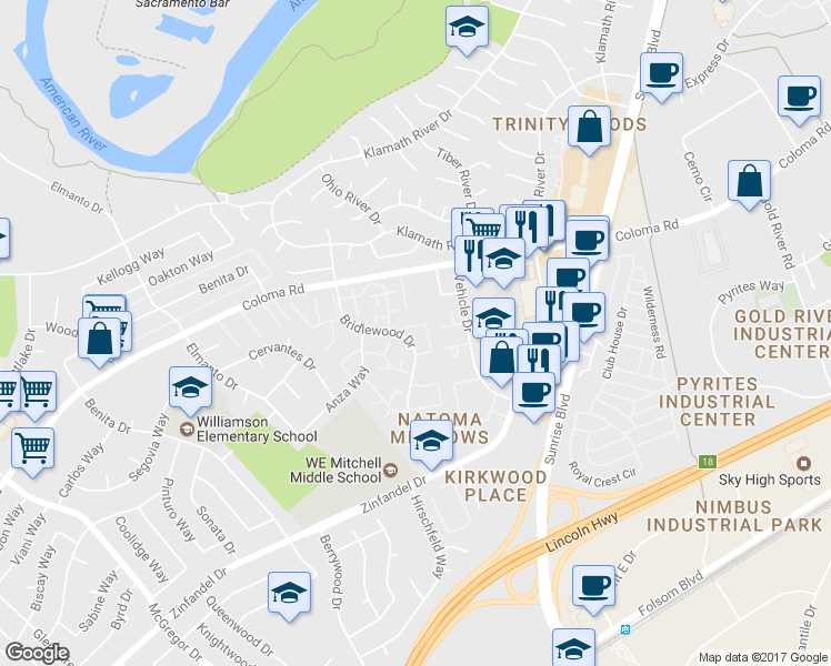 map of restaurants, bars, coffee shops, grocery stores, and more near 2316 Filmore Lane in Rancho Cordova