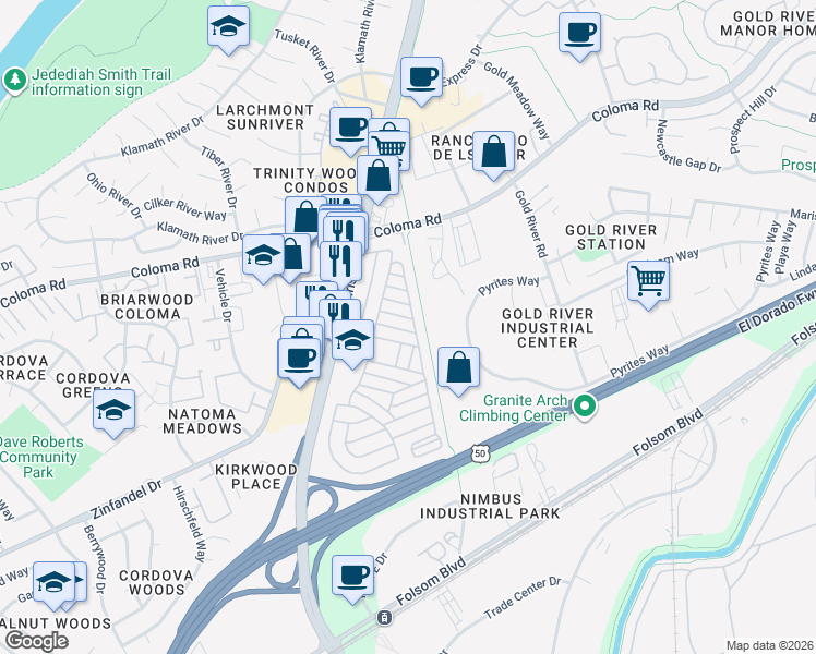map of restaurants, bars, coffee shops, grocery stores, and more near 93 Wilderness Road in Rancho Cordova