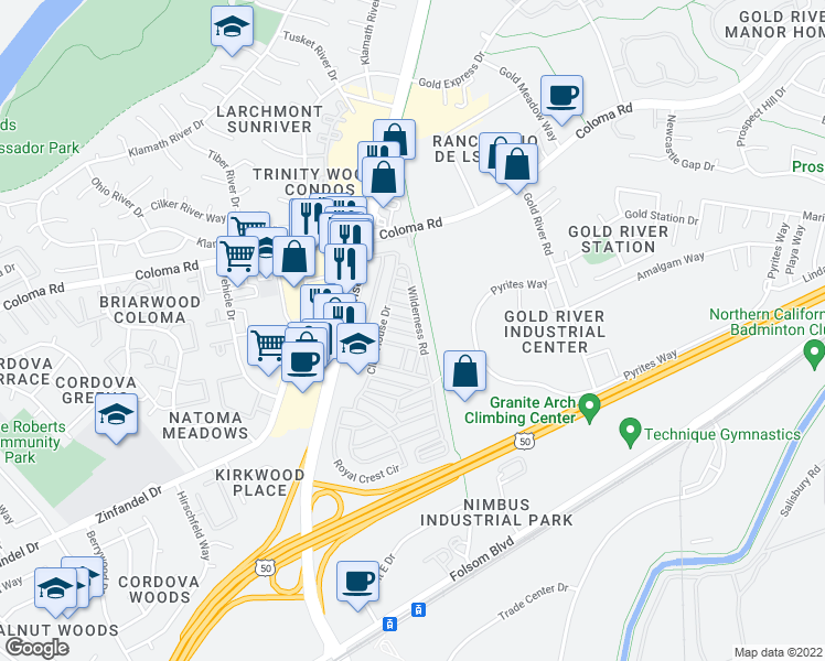 map of restaurants, bars, coffee shops, grocery stores, and more near 93 Wilderness Road in Rancho Cordova