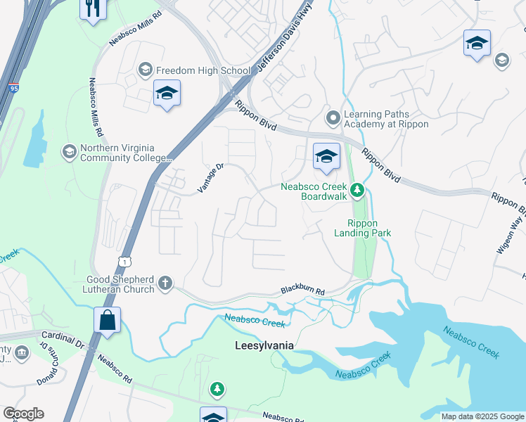 map of restaurants, bars, coffee shops, grocery stores, and more near 15511 Chicacoan Drive in Woodbridge