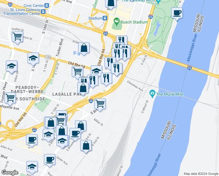 map of restaurants, bars, coffee shops, grocery stores, and more near 1104 South 4th Street in Saint Louis