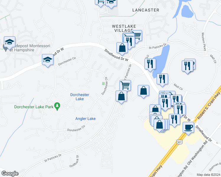 map of restaurants, bars, coffee shops, grocery stores, and more near 5411 Harvest Fish Place in Waldorf
