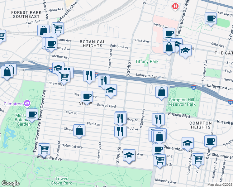 map of restaurants, bars, coffee shops, grocery stores, and more near in St. Louis