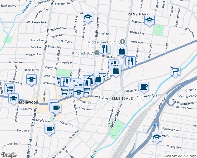 map of restaurants, bars, coffee shops, grocery stores, and more near 2510 Bellevue Avenue in Maplewood