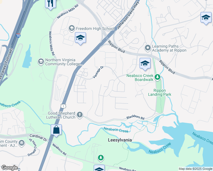 map of restaurants, bars, coffee shops, grocery stores, and more near 15604 Weathervane Terrace in Woodbridge