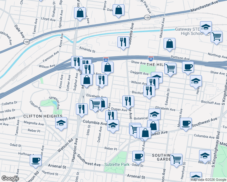 map of restaurants, bars, coffee shops, grocery stores, and more near 2141 January Avenue in St. Louis