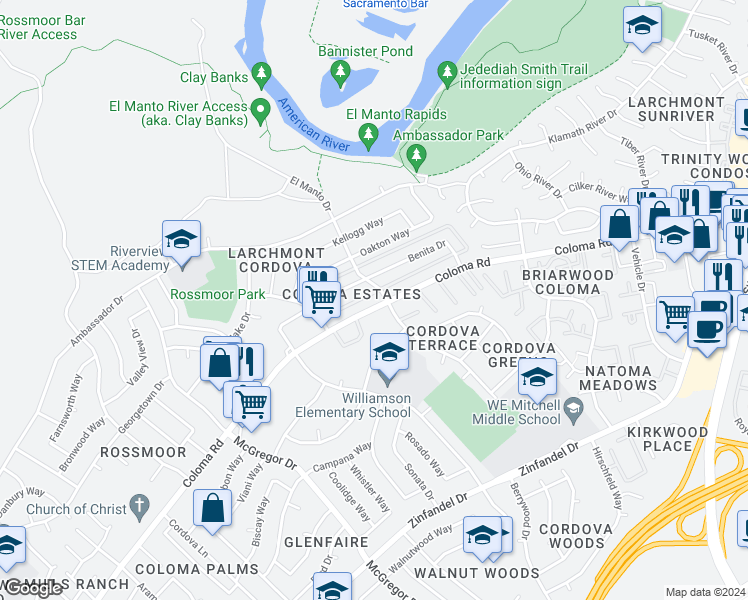 map of restaurants, bars, coffee shops, grocery stores, and more near 2005 Benita Drive in Rancho Cordova