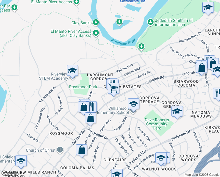 map of restaurants, bars, coffee shops, grocery stores, and more near 2028 Benita Drive in Rancho Cordova