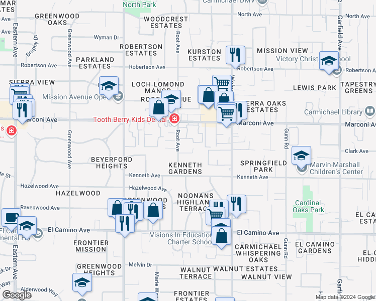 map of restaurants, bars, coffee shops, grocery stores, and more near 2804 Root Avenue in Carmichael