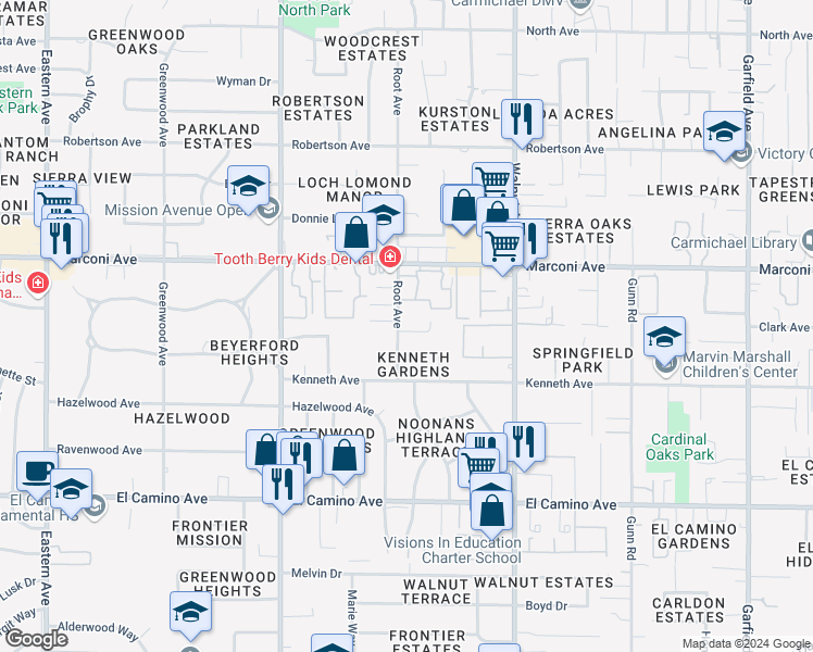 map of restaurants, bars, coffee shops, grocery stores, and more near 2804 Root Avenue in Carmichael