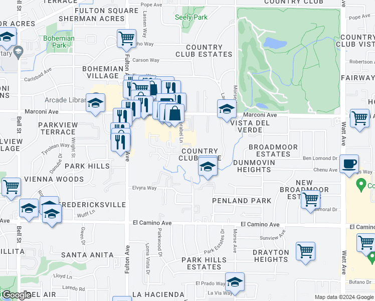map of restaurants, bars, coffee shops, grocery stores, and more near 2800 Corabel Lane in Sacramento