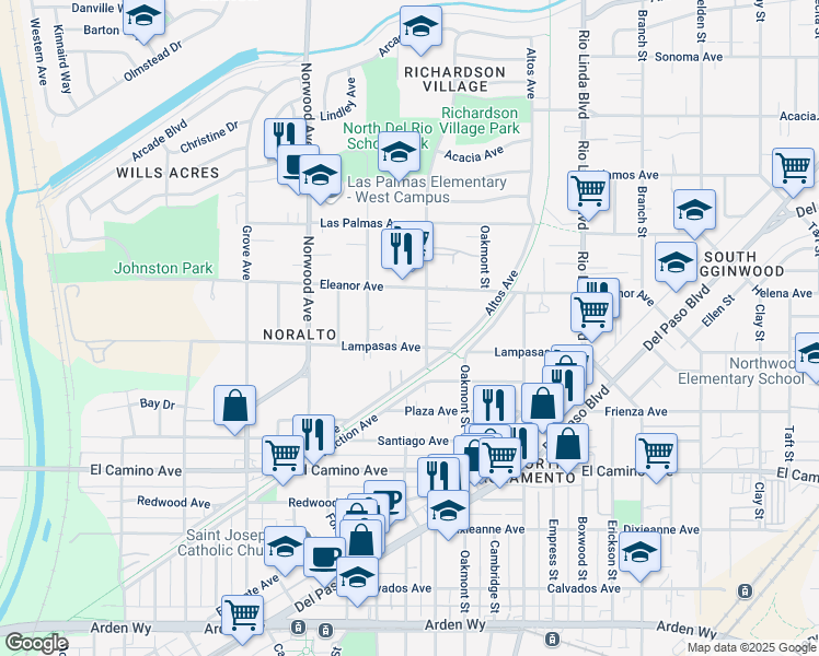 map of restaurants, bars, coffee shops, grocery stores, and more near 2671 Fairfield Street in Sacramento