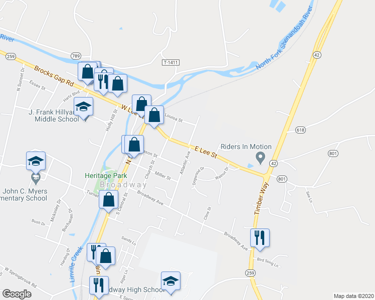 map of restaurants, bars, coffee shops, grocery stores, and more near 215 East Lee Street in Broadway