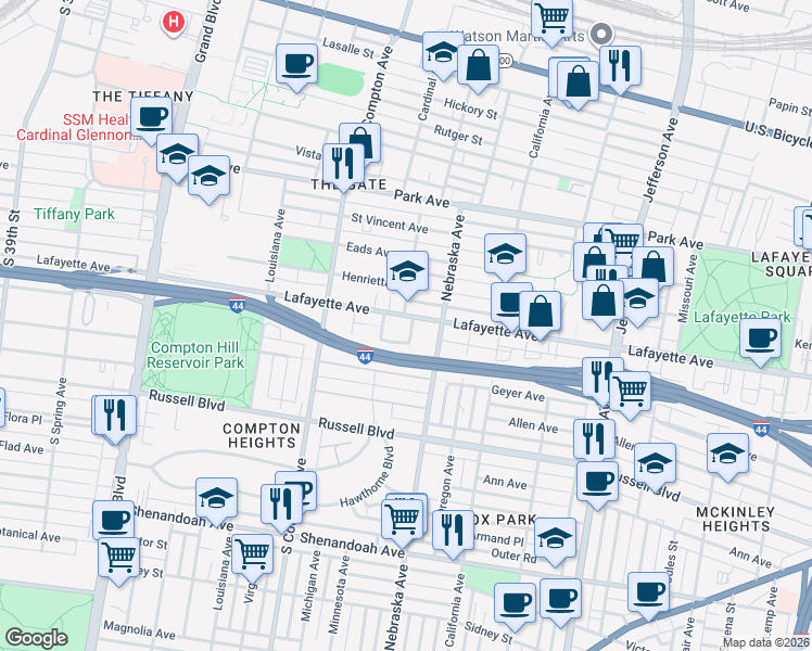 map of restaurants, bars, coffee shops, grocery stores, and more near in St. Louis