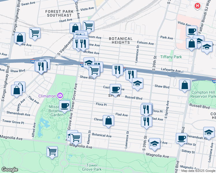map of restaurants, bars, coffee shops, grocery stores, and more near 4136 Shaw Boulevard in St. Louis