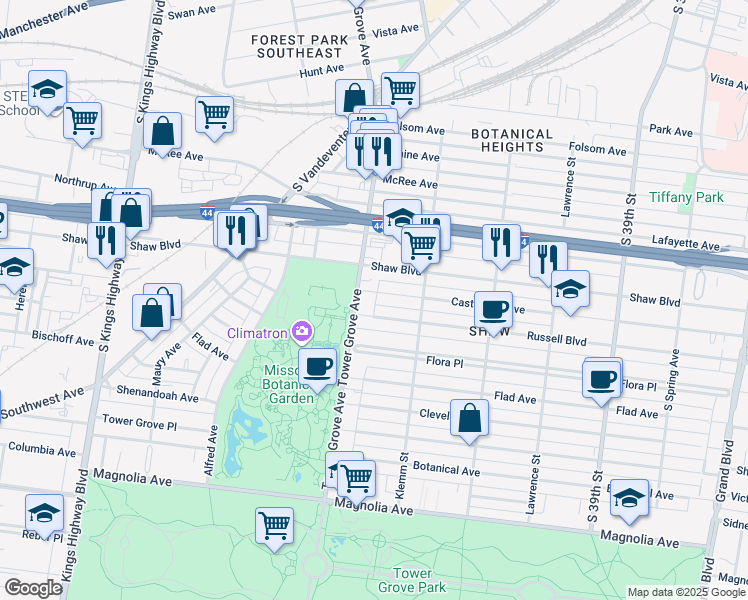 map of restaurants, bars, coffee shops, grocery stores, and more near 4273 Castleman Avenue in St. Louis