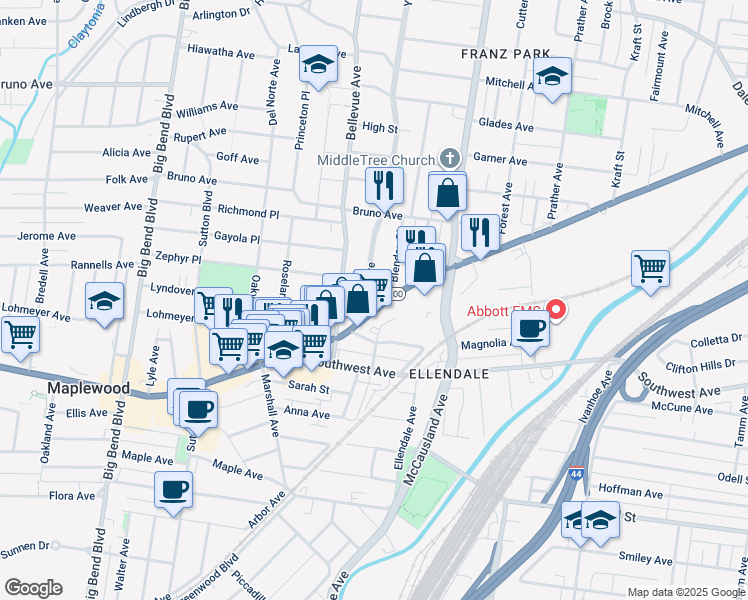 map of restaurants, bars, coffee shops, grocery stores, and more near 2279 Blendon Place in Maplewood