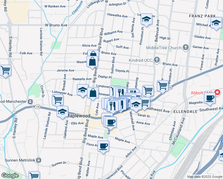 map of restaurants, bars, coffee shops, grocery stores, and more near 2429 Sutton Boulevard in Maplewood