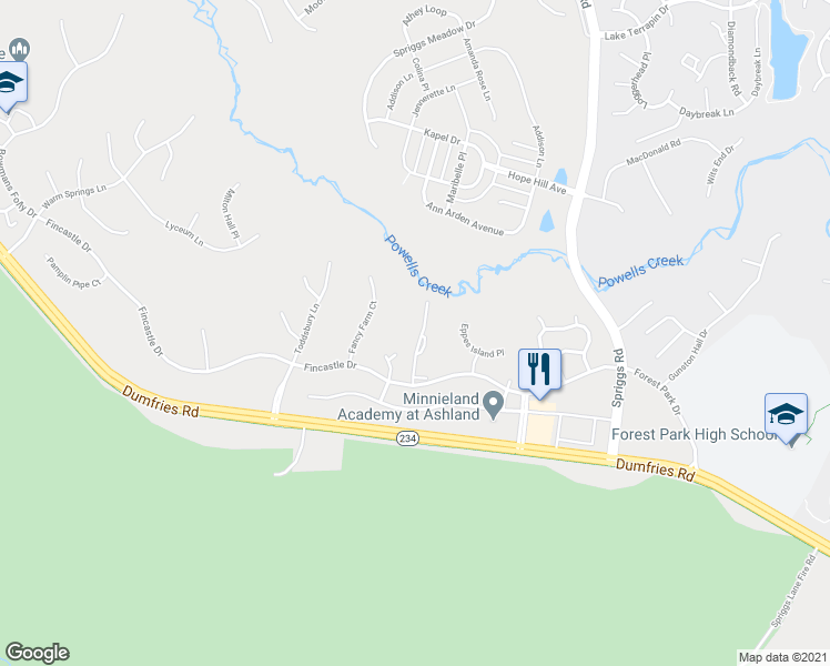 map of restaurants, bars, coffee shops, grocery stores, and more near 15572 3 Otters Place in Manassas