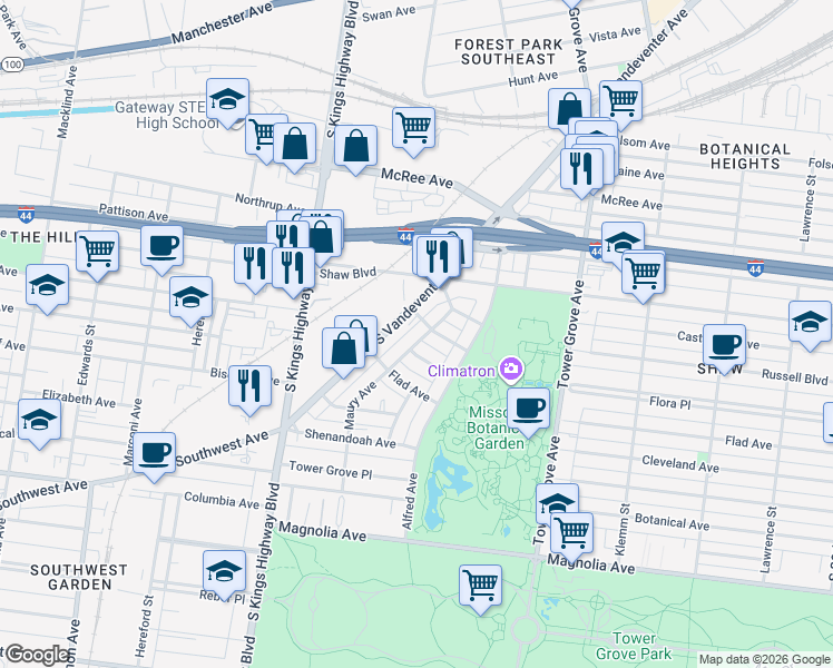 map of restaurants, bars, coffee shops, grocery stores, and more near 1930 South Vandeventer Avenue in St. Louis