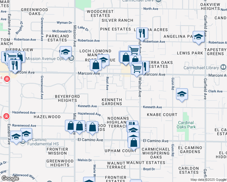 map of restaurants, bars, coffee shops, grocery stores, and more near 4913 Douvan Court in Carmichael