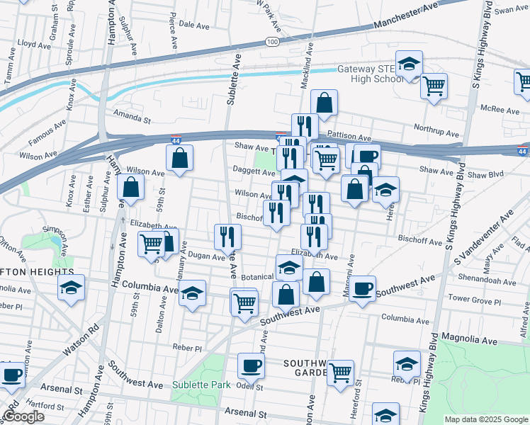 map of restaurants, bars, coffee shops, grocery stores, and more near 5440 Wilson Avenue in St. Louis