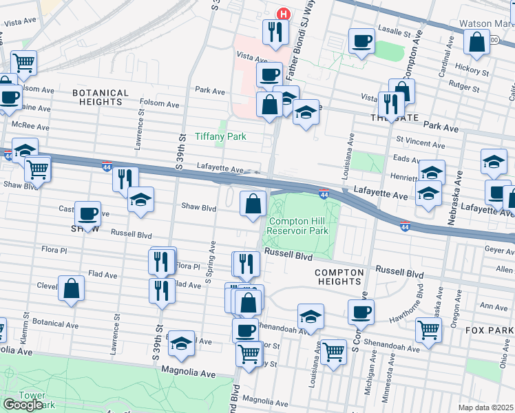 map of restaurants, bars, coffee shops, grocery stores, and more near 1755 South Grand Boulevard in St. Louis