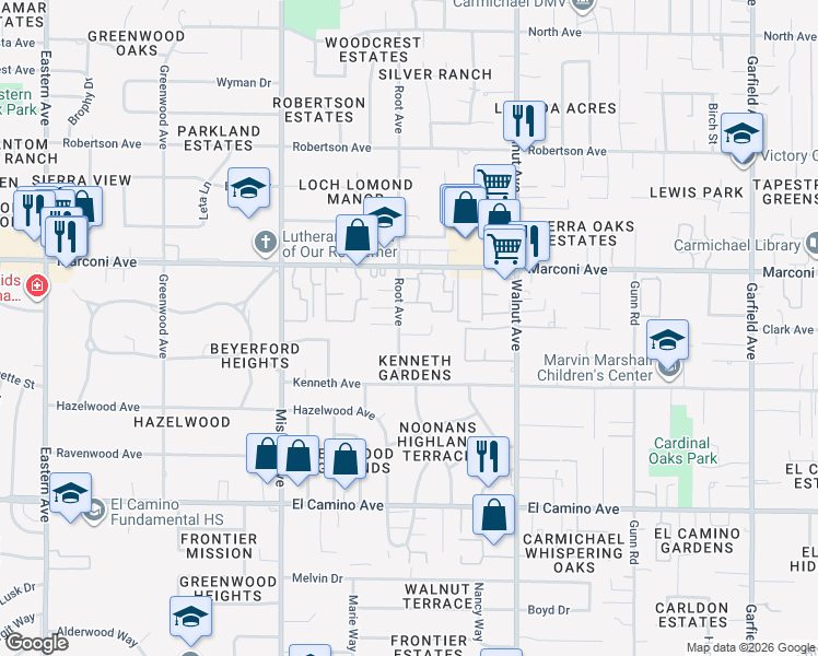 map of restaurants, bars, coffee shops, grocery stores, and more near 2804 Root Avenue in Carmichael
