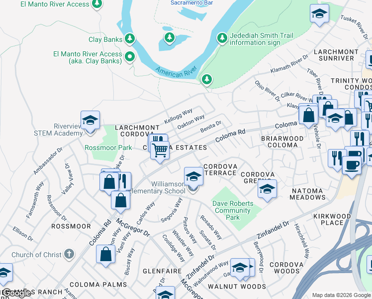 map of restaurants, bars, coffee shops, grocery stores, and more near 2005 Benita Drive in Rancho Cordova