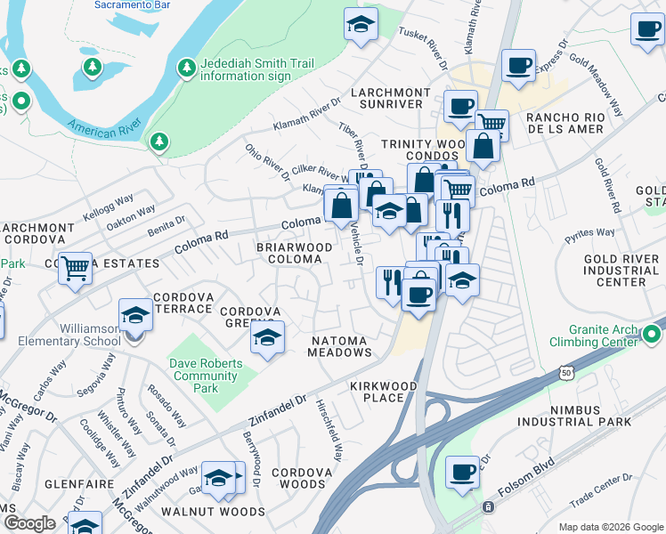map of restaurants, bars, coffee shops, grocery stores, and more near 2316 Filmore Lane in Rancho Cordova