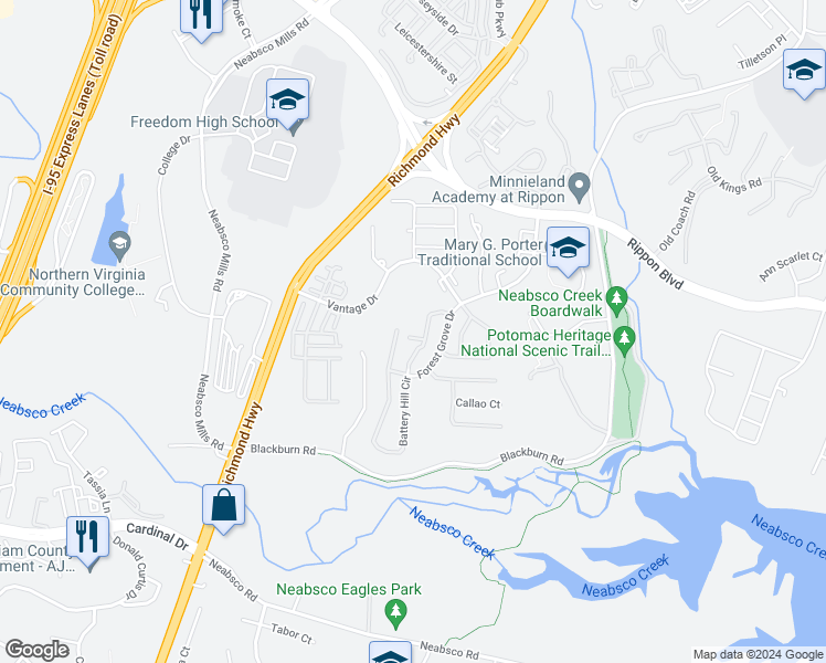 map of restaurants, bars, coffee shops, grocery stores, and more near 15604 Weathervane Terrace in Woodbridge