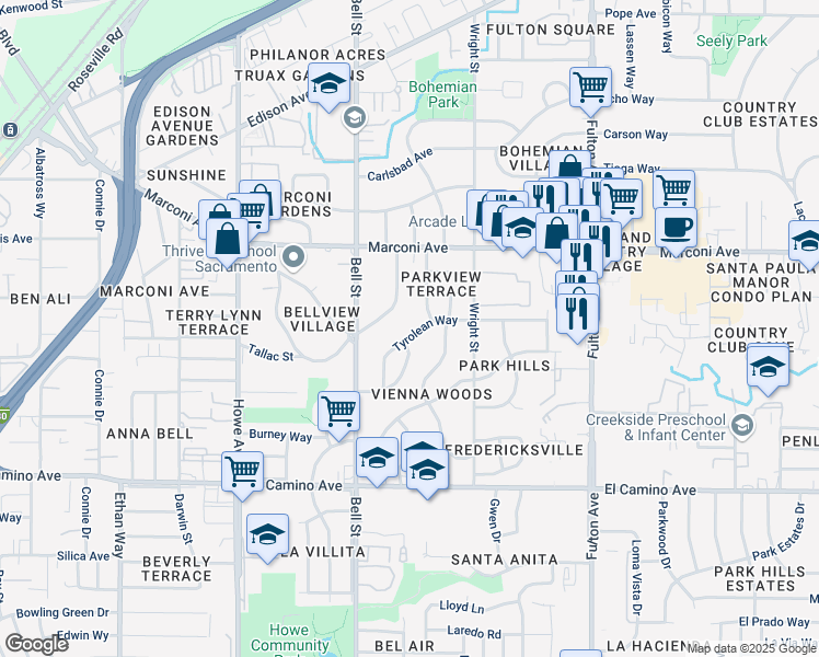 map of restaurants, bars, coffee shops, grocery stores, and more near 2361 Tyrolean Way in Sacramento