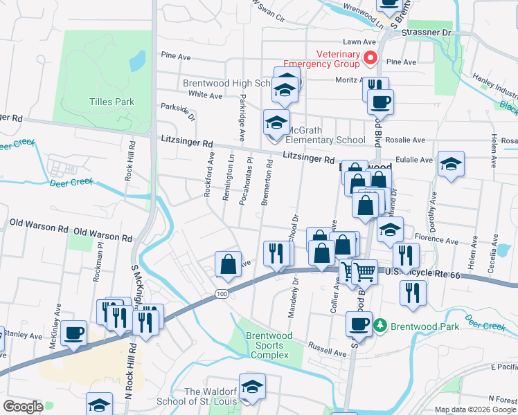map of restaurants, bars, coffee shops, grocery stores, and more near 2512 Bremerton Road in St. Louis