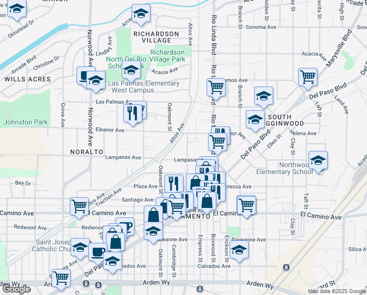 map of restaurants, bars, coffee shops, grocery stores, and more near 2625 Beaumont Street in Sacramento
