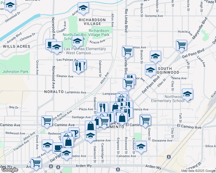 map of restaurants, bars, coffee shops, grocery stores, and more near 2625 Beaumont Street in Sacramento