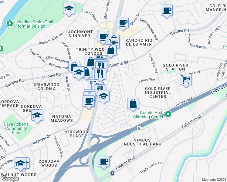 map of restaurants, bars, coffee shops, grocery stores, and more near 36 Sunbeam Way in Rancho Cordova