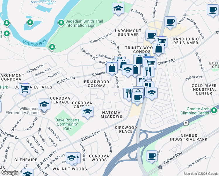 map of restaurants, bars, coffee shops, grocery stores, and more near 2316 Filmore Lane in Rancho Cordova