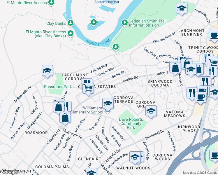 map of restaurants, bars, coffee shops, grocery stores, and more near 10853 Coloma Road in Rancho Cordova