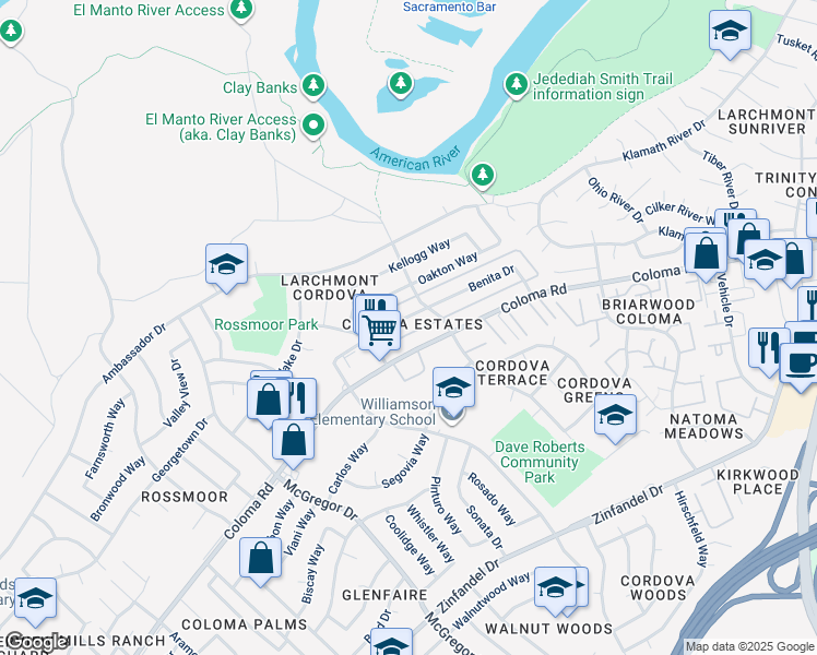map of restaurants, bars, coffee shops, grocery stores, and more near 2005 Benita Drive in Rancho Cordova