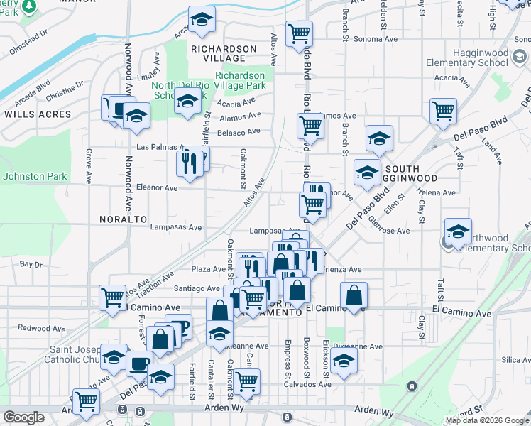 map of restaurants, bars, coffee shops, grocery stores, and more near 2636 Traction Avenue in Sacramento