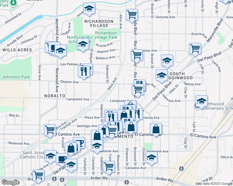map of restaurants, bars, coffee shops, grocery stores, and more near 2636 Traction Avenue in Sacramento