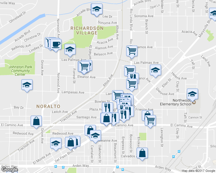 map of restaurants, bars, coffee shops, grocery stores, and more near 2636 Traction Avenue in Sacramento