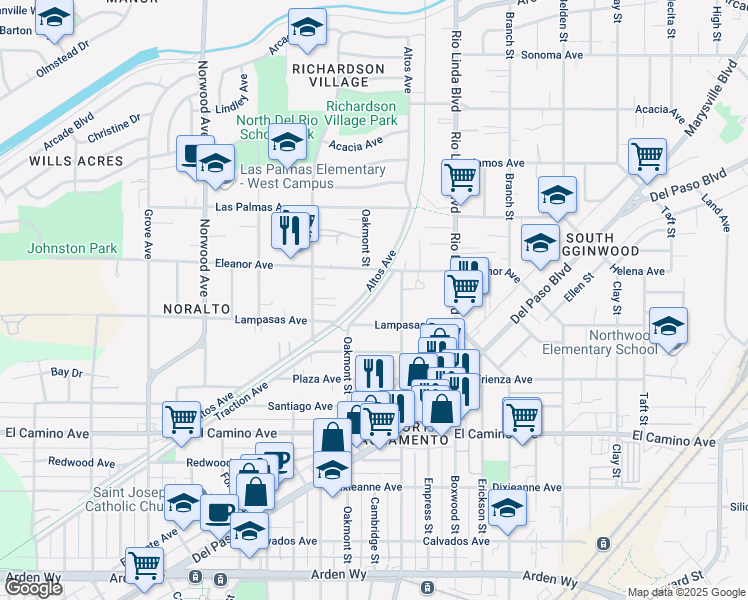 map of restaurants, bars, coffee shops, grocery stores, and more near 2636 Traction Avenue in Sacramento
