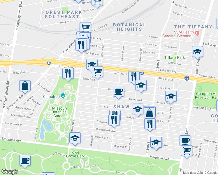 map of restaurants, bars, coffee shops, grocery stores, and more near 4136 Shaw Boulevard in St. Louis