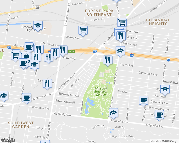 map of restaurants, bars, coffee shops, grocery stores, and more near 1902 Maury Avenue in St. Louis
